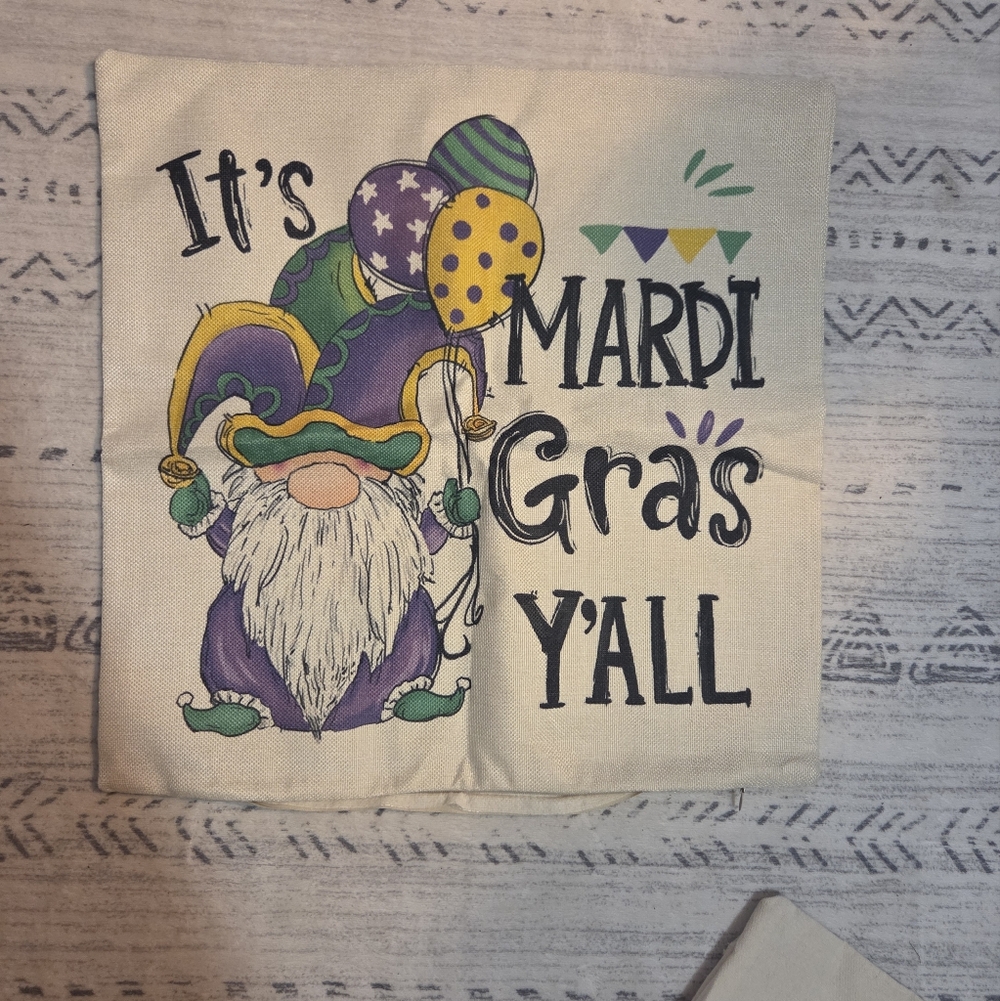 Mardi Gras Gnome Decorative Pillow Cover - Purple, Green, Gold